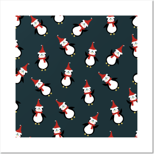 Seamless pattern with Christmas penguins Posters and Art